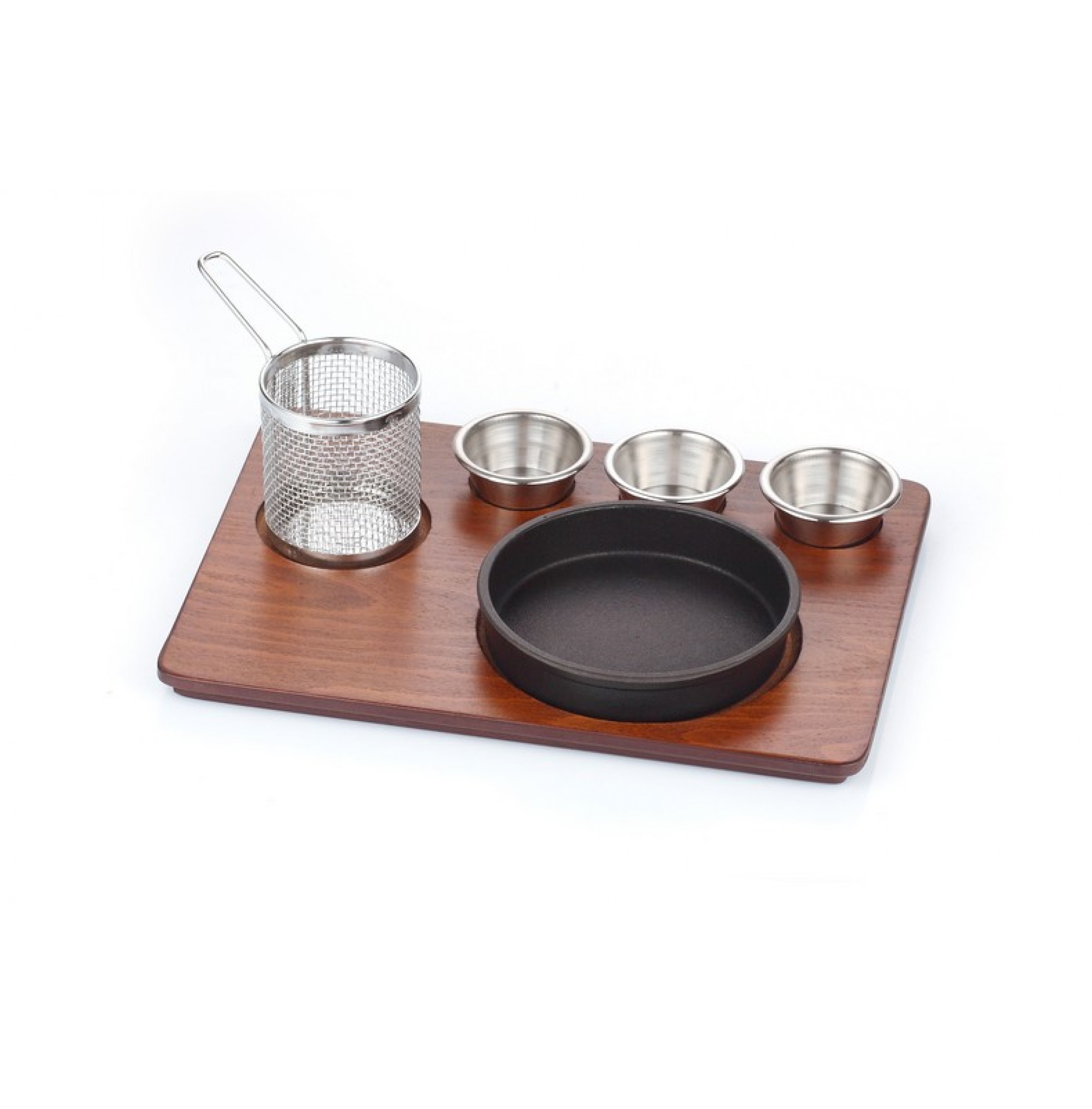 Döküm Güveç Fajita Tavası Cilalı Mdf Ahşap Üzerine Granit Döküm Set / Kod:156 08