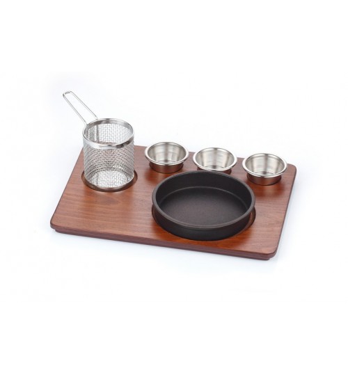 Döküm Güveç Fajita Tavası Cilalı Mdf Ahşap Üzerine Granit Döküm Set / Kod:156 08