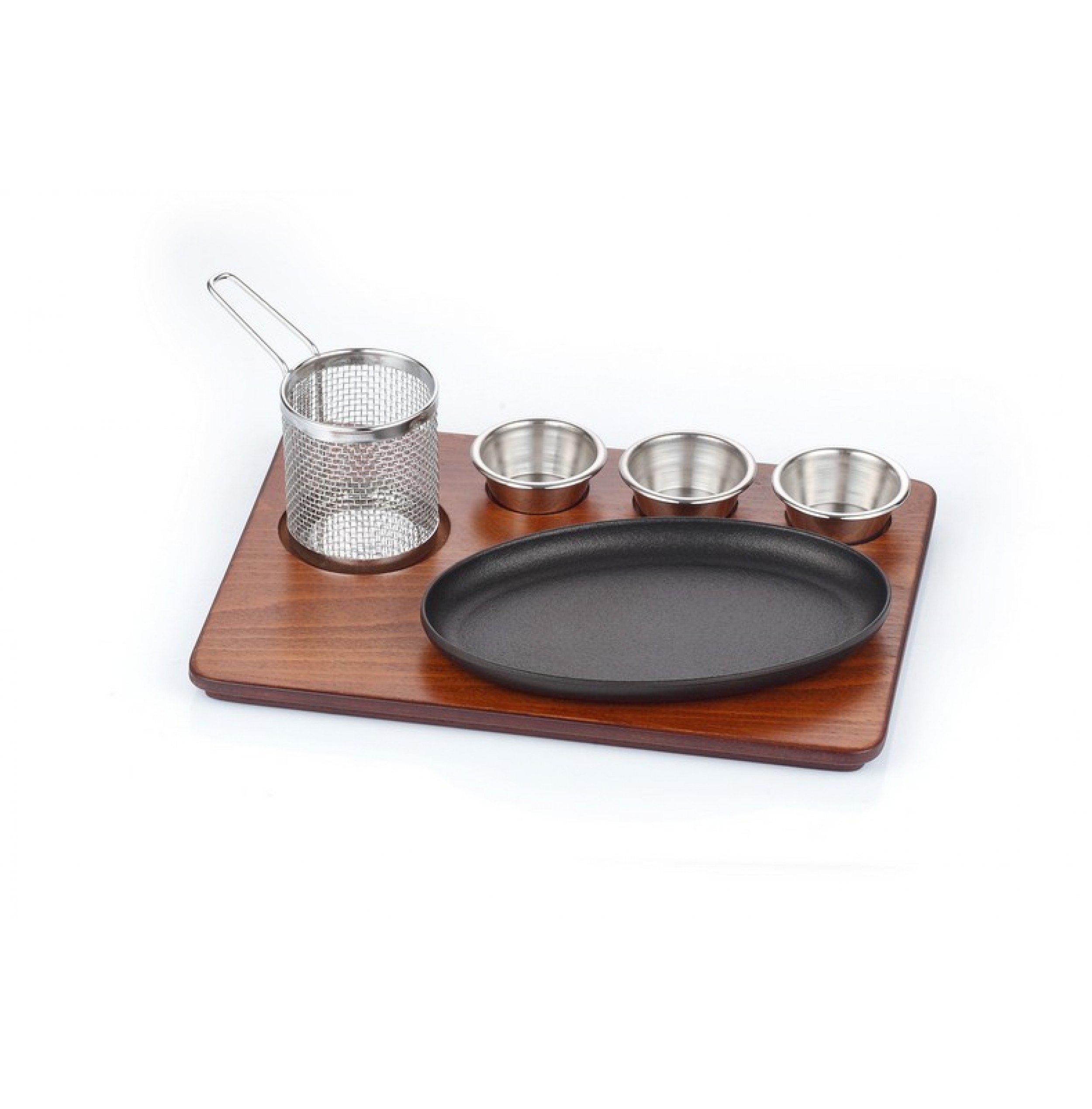 Döküm Oval – Derin Fajita Tavası Cilalı Mdf Ahşap Üzerine Granit Döküm Set / Kod:154 08