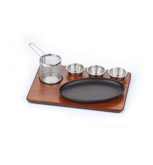 Döküm Oval – Derin Fajita Tavası Cilalı Mdf Ahşap Üzerine Granit Döküm Set / Kod:154 08