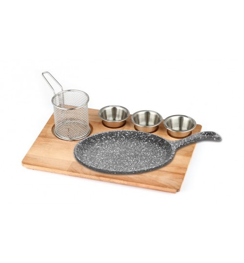 Döküm Saplı Fajita Tavası Cilalı Mdf Ahşap Üzerine Granit Döküm Set / Kod:156K 08