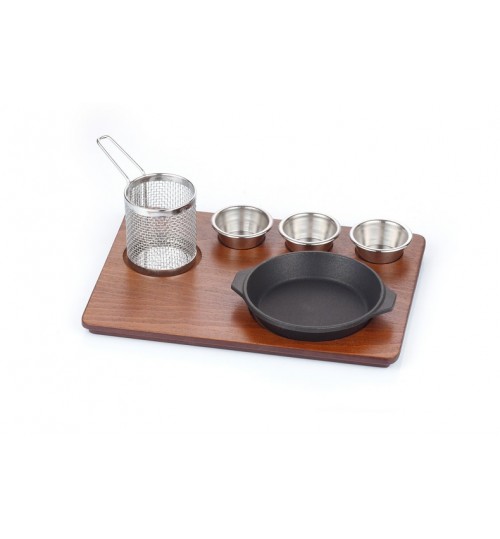 Yuvarlak Kulplu Fajita Tavası Mdf Ahşap Üzerine Granit Döküm Set / Kod:216 08